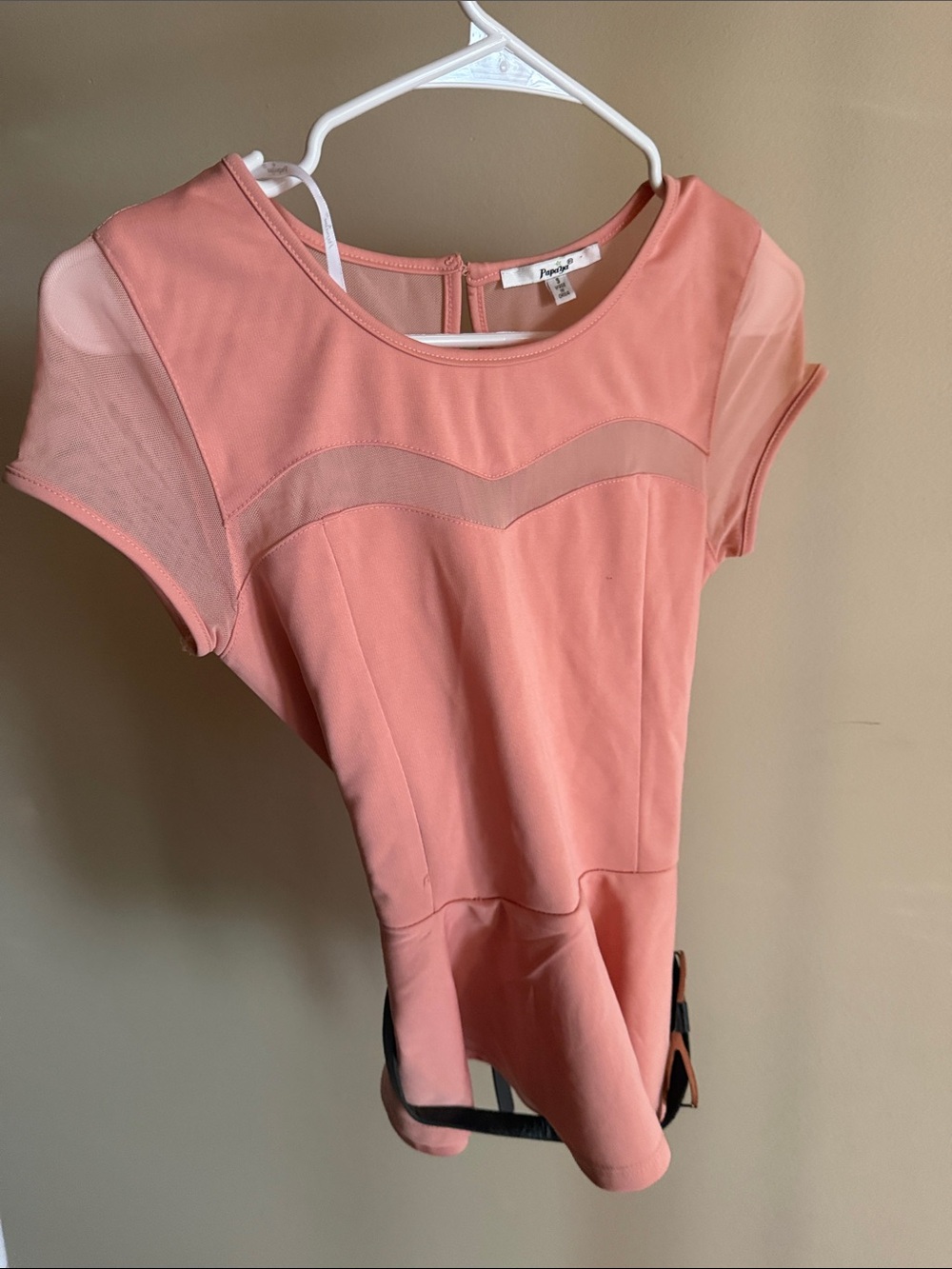 Peach Mesh-Panel Women’s Peplum Top
